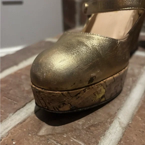 Christian Louboutin Metallic Gold Leather Cork Platform Wedge Mary Jane - Picture 7 of 16